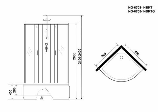 Душевая кабина Niagara NG-6708-14BKT (900х900х2100-2400) высокий поддон(40см) стекло ПРОЗРАЧНОЕ черные профиля 4 места