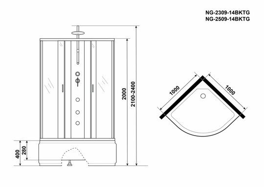 Душевая кабина Niagara NG-2509-14BKTG (1000х1000х2100-2400) высокий поддон(40см) стекло ТОНИРОВАННОЕ 4 места